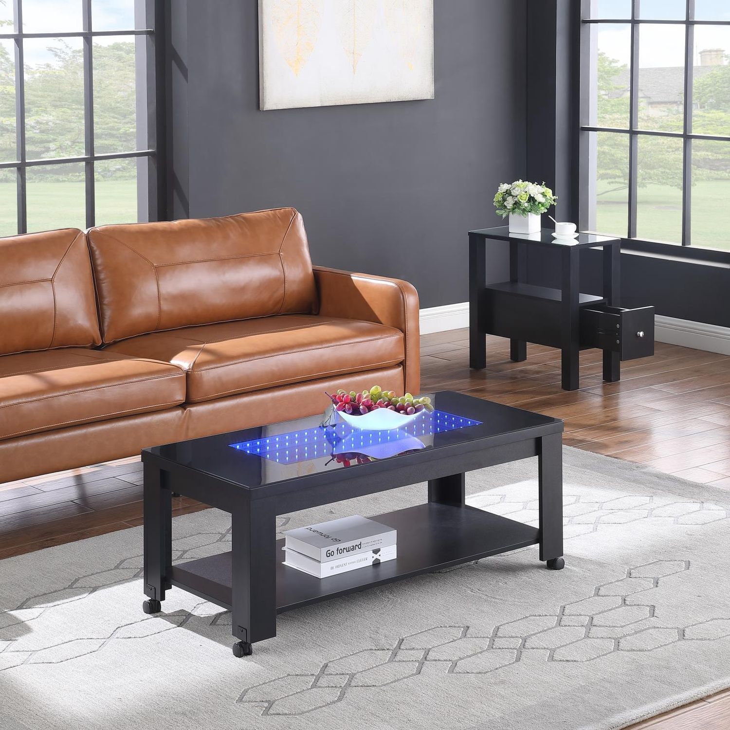 Black Coffee Table with Storage Shelf and Multi Color LED