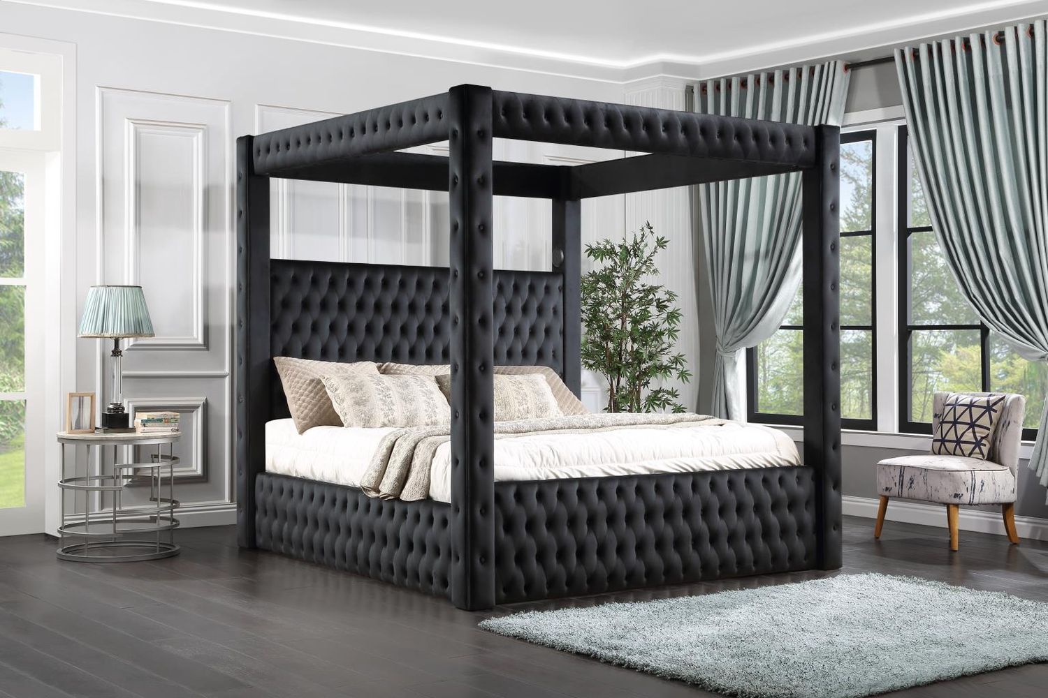 B567 - Velvet King Canopy Bed With Bluetooth Speaker &amp; USB - Black - Black / King