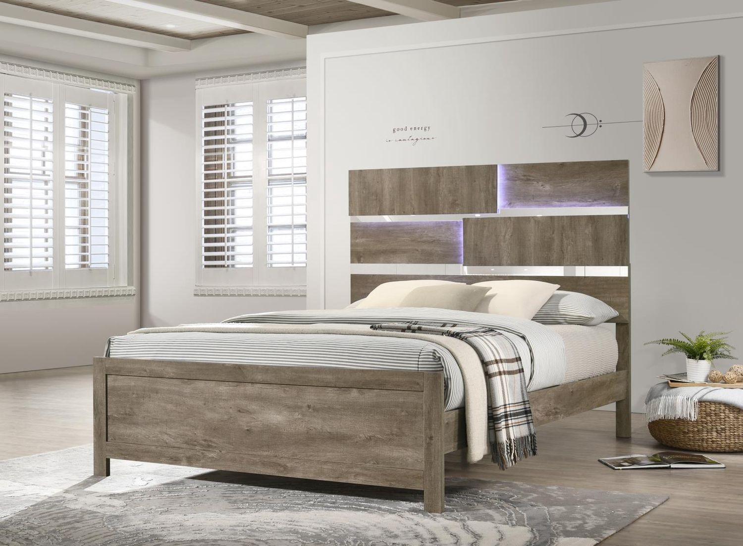 B348 - LED King Bed - Weather Oak - Light Brown / King