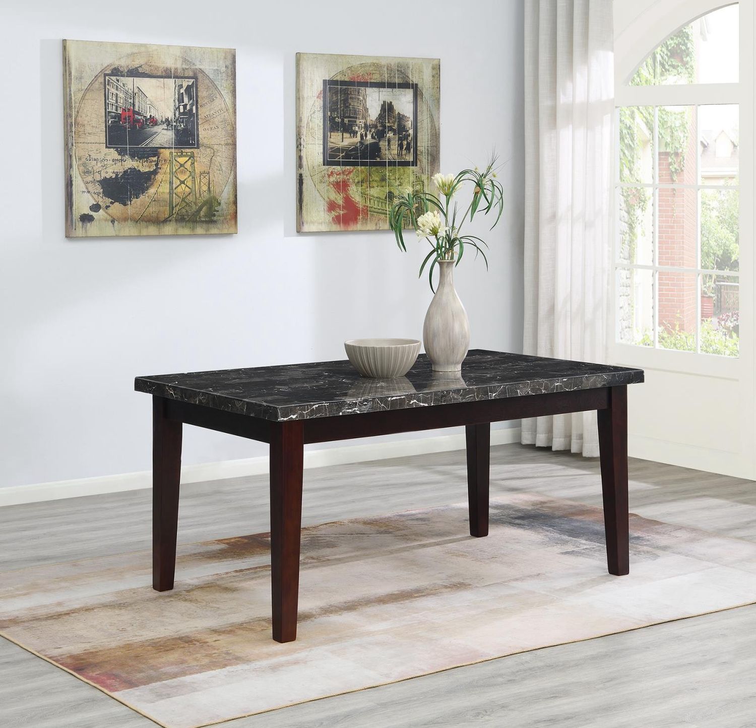 D128 - Marble Dining Table - Black / Dark Brown