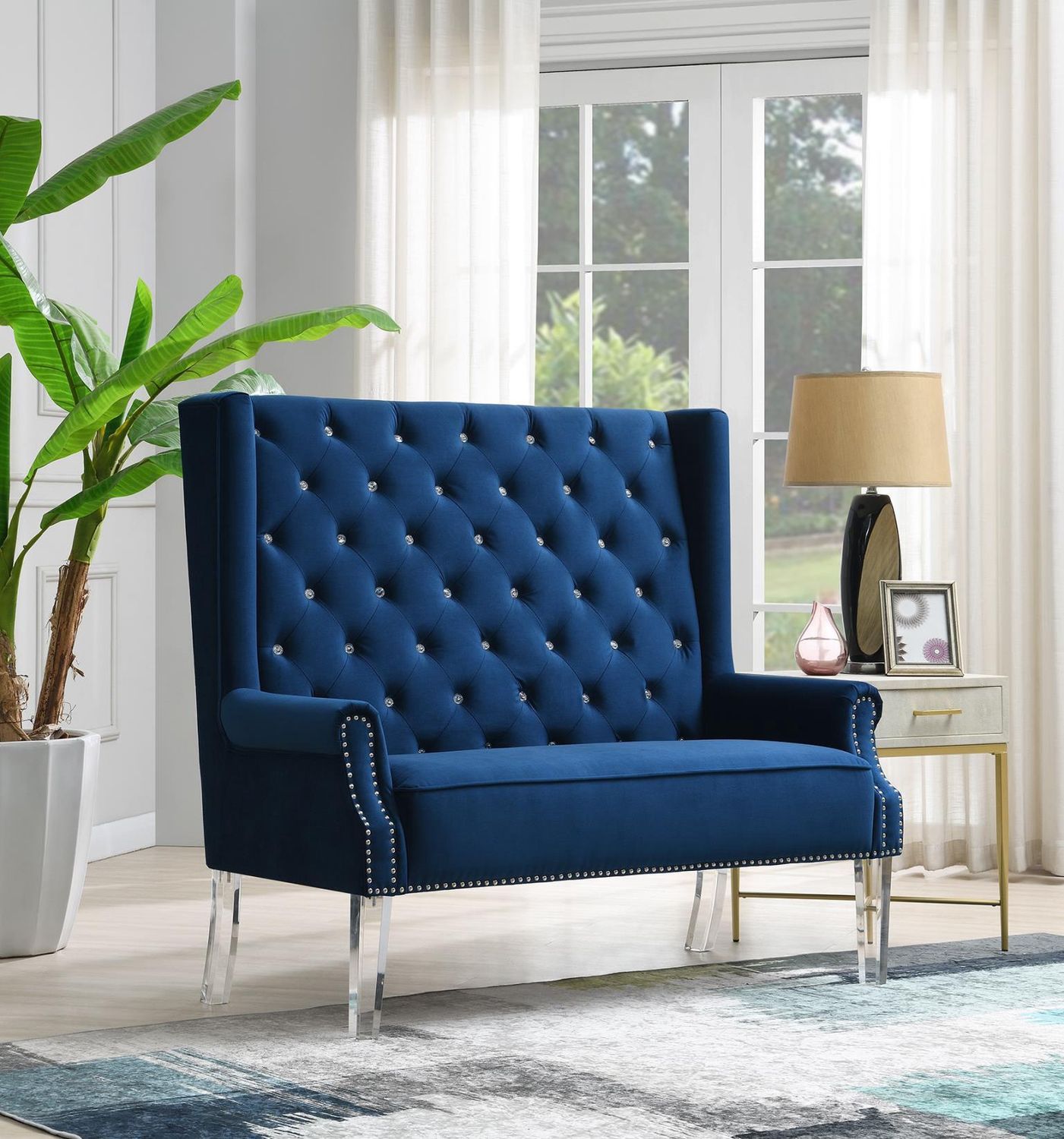 D2095 - High Back Velvet Wing Bench With Acrylic Legs - Blue - Blue