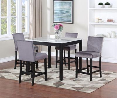 D205 - 5 Piece Dining Room Set (Marble Dining Table, 4 Velvet Chairs) - White - Gray / 5 Pc. Table, 4 Chairs