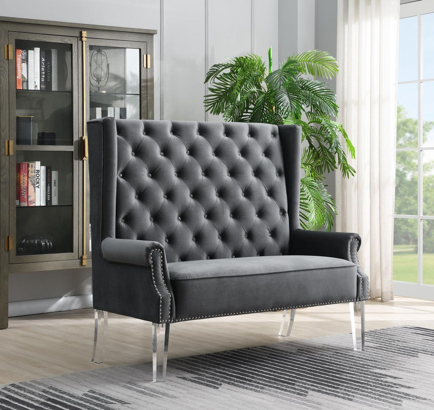 D2095 - High Back Velvet Wing Bench With Acrylic Legs - Gray - Gray