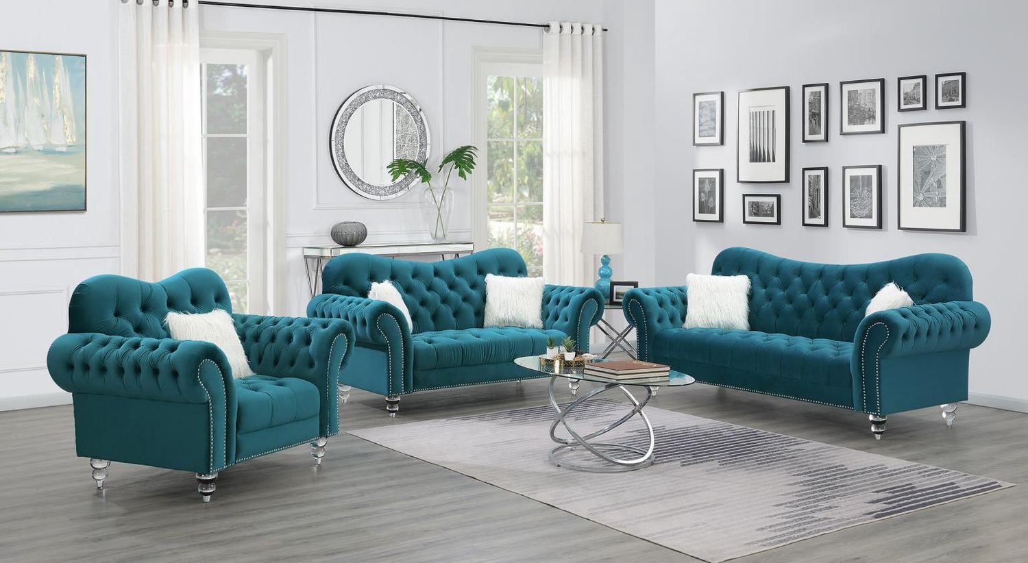 U215 - Chair With One Fur Pillows &amp; Acrylic Legs - Turquoise