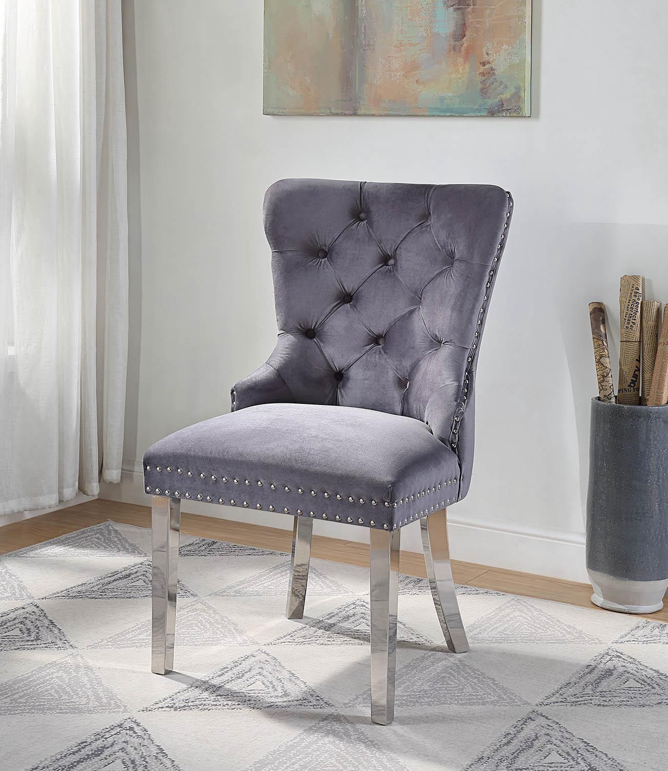 D2082 - Velvet Dining Side Chair With Chrome Legs (Set of 2) - Dark Gray - Gray