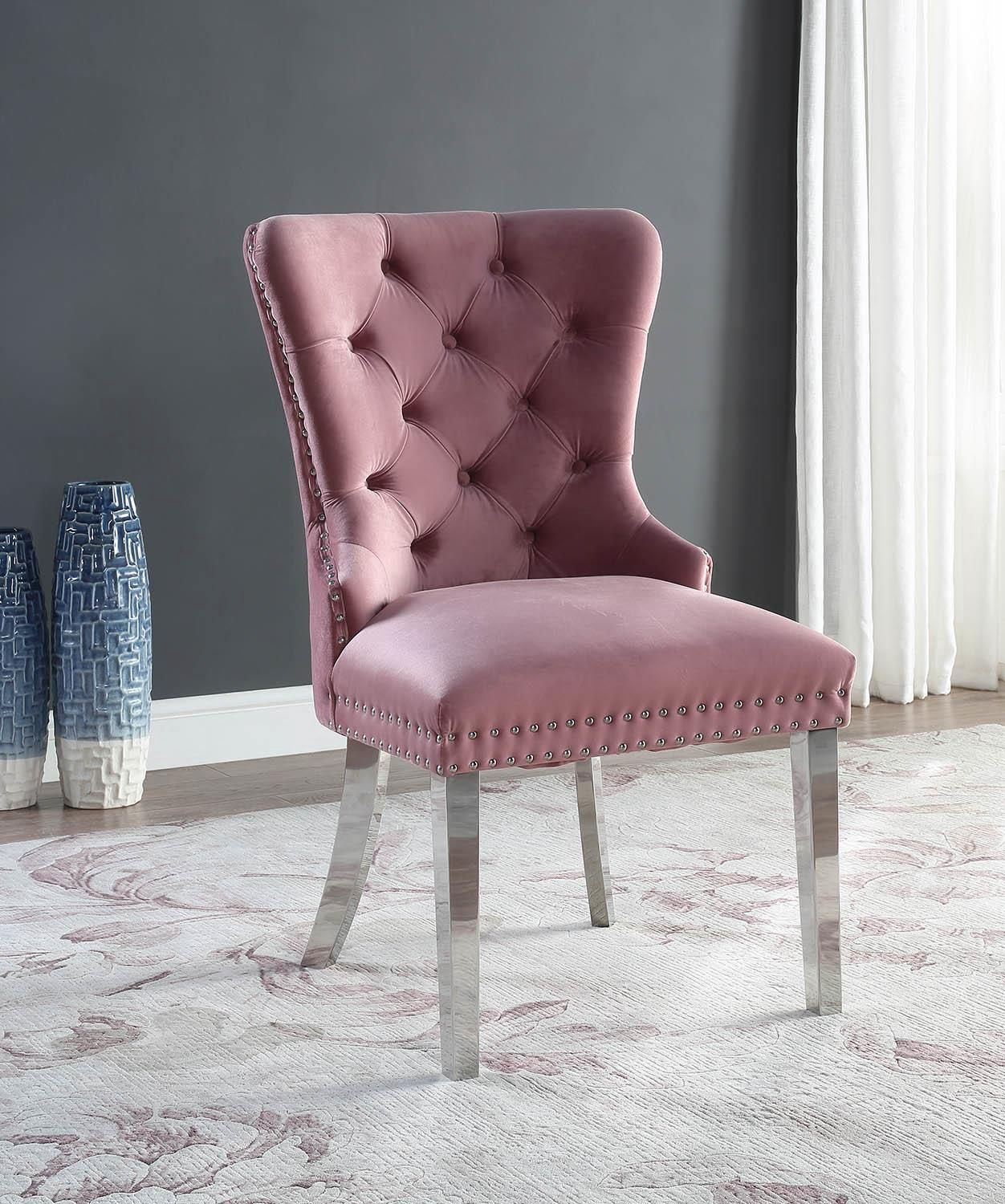 D2082 - Velvet Dining Side Chair With Chrome Legs (Set of 2) - Pink - Pink
