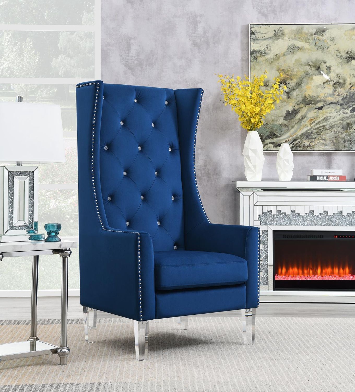 D2091 - High Back Velvet Wing Chair With Acrylic Legs - Blue - Blue