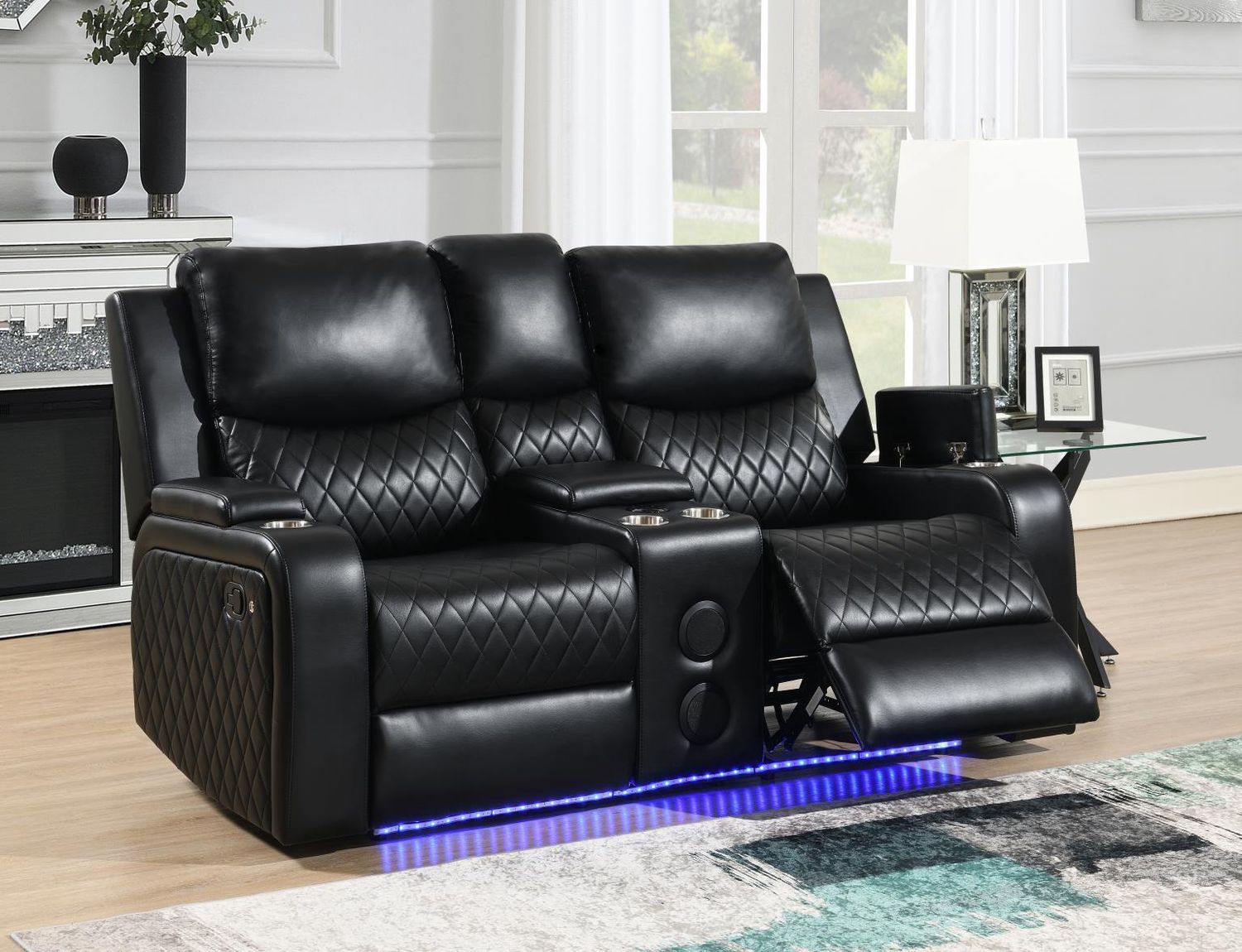 U126 - LED Reclining Loveseat With Bluetooth Speaker - Black