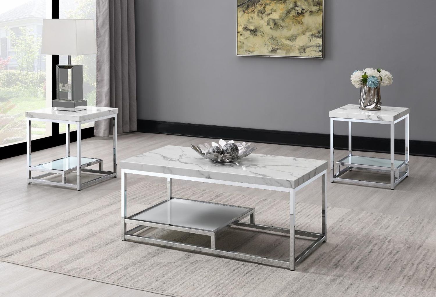 T111 - Chrome Coffee Table &amp; 2 End Tables - White