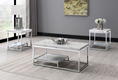 T111 - Chrome Coffee Table &amp; 2 End Tables - White