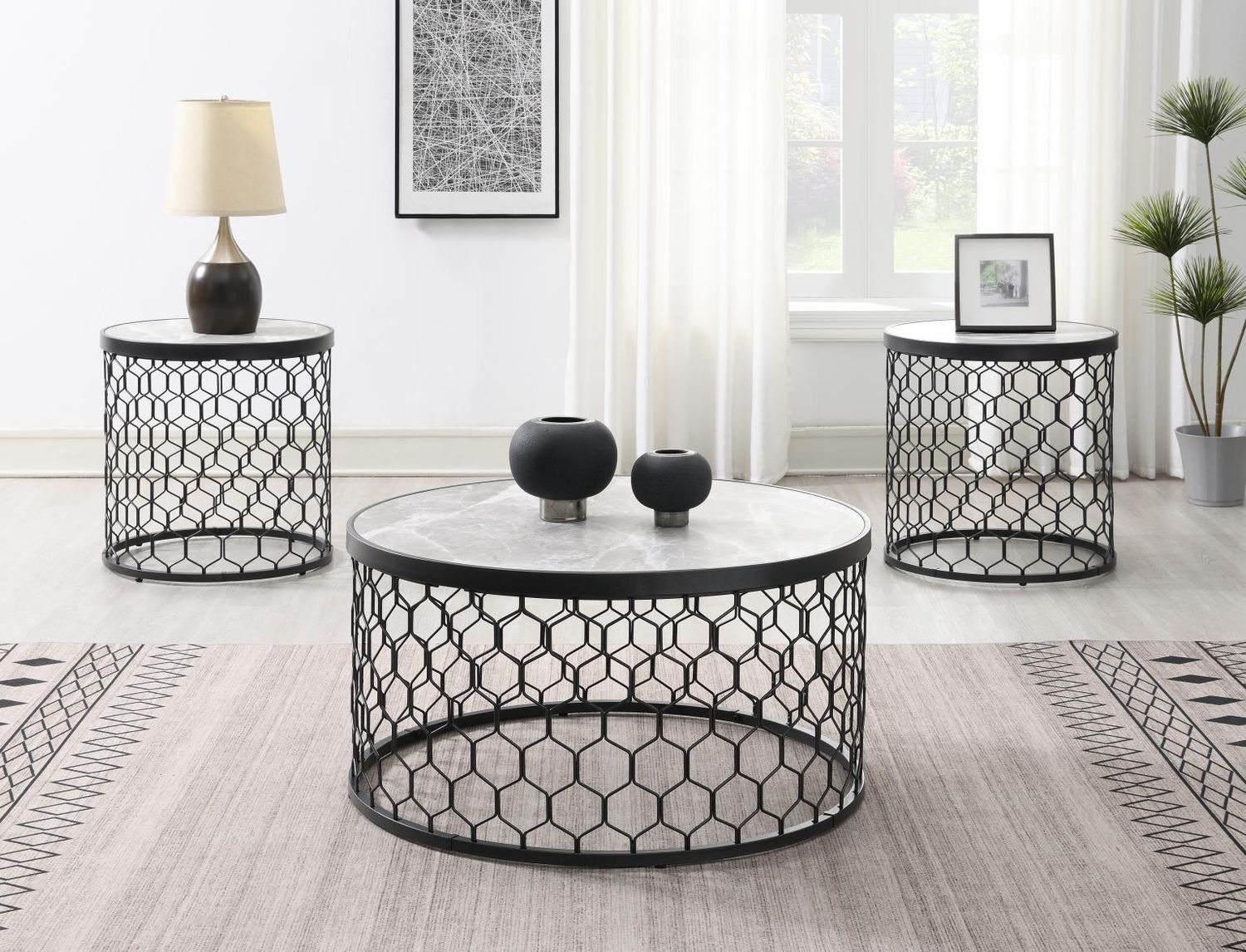 T155 - Coffee Table &amp; 2 End Tables - Black / Silver Sparkle