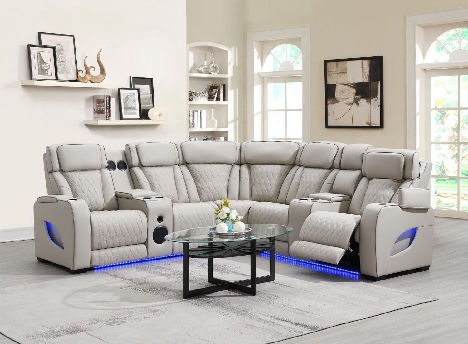 U11 - 3 Piece Power LED Sectional, Power Headrest, Heat, Massage Wireless Charger, And USB - Gray