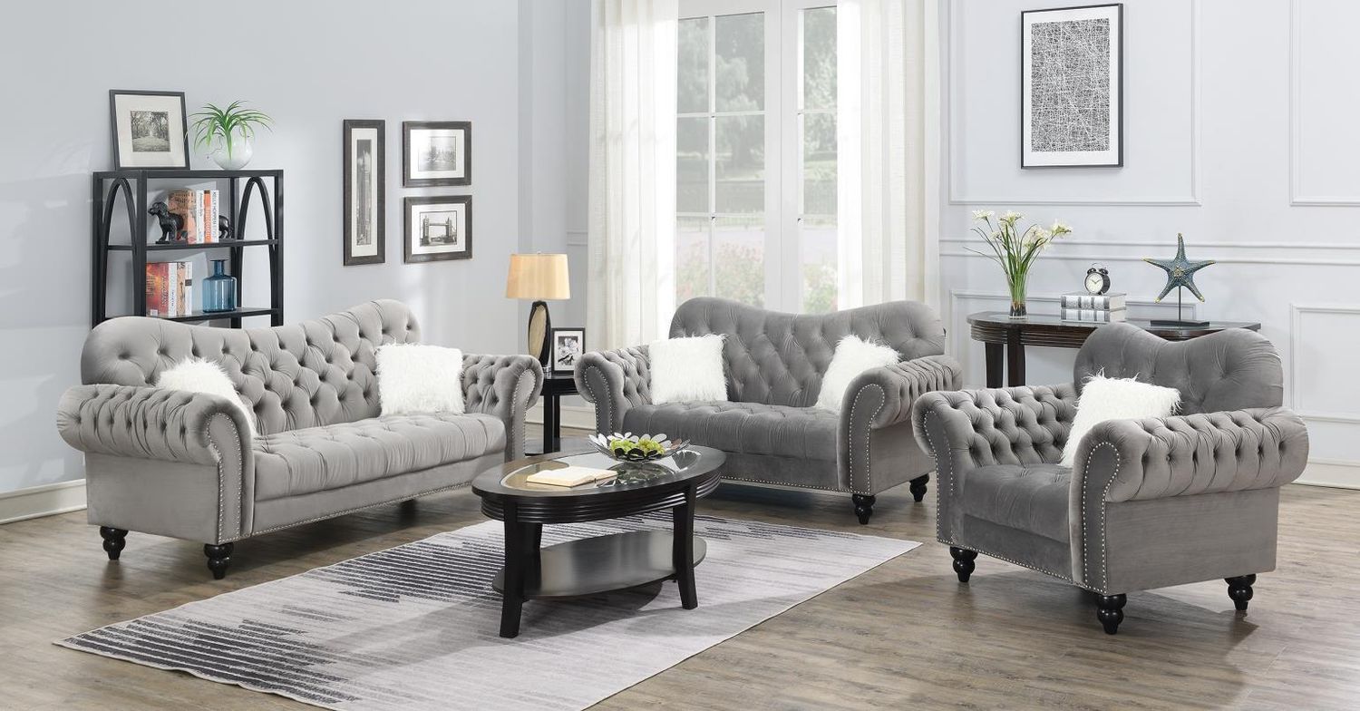 U219 - Sofa With Two Fur Pillows &amp; Wooden Legs - Gray