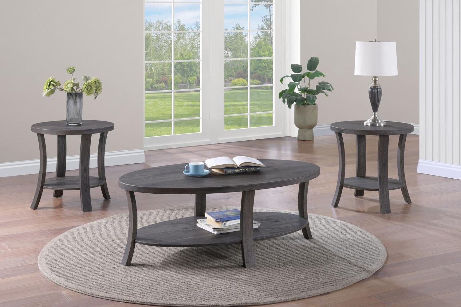 T177 - Coffee Table &amp; 2 Round End Tables - Dark Brown