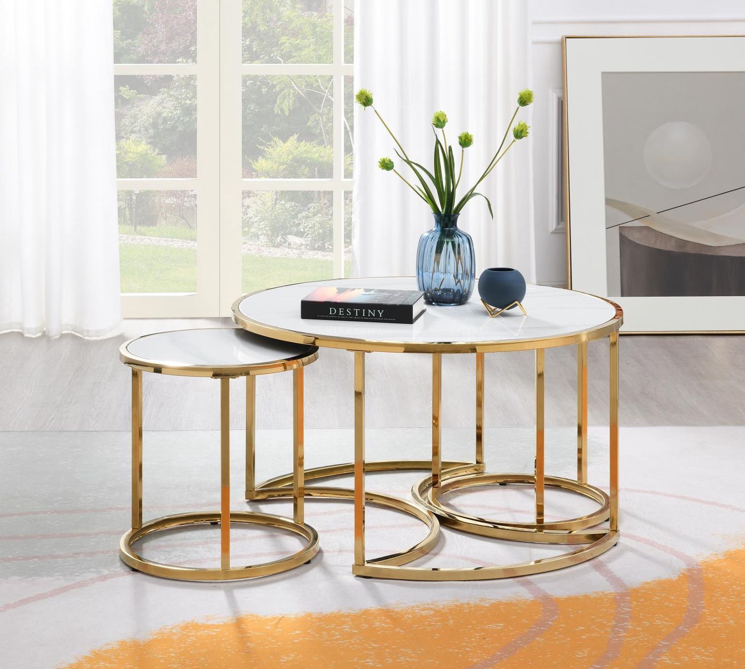 T328 - Gold Coffee Table &amp; 2 End Tables - Gold