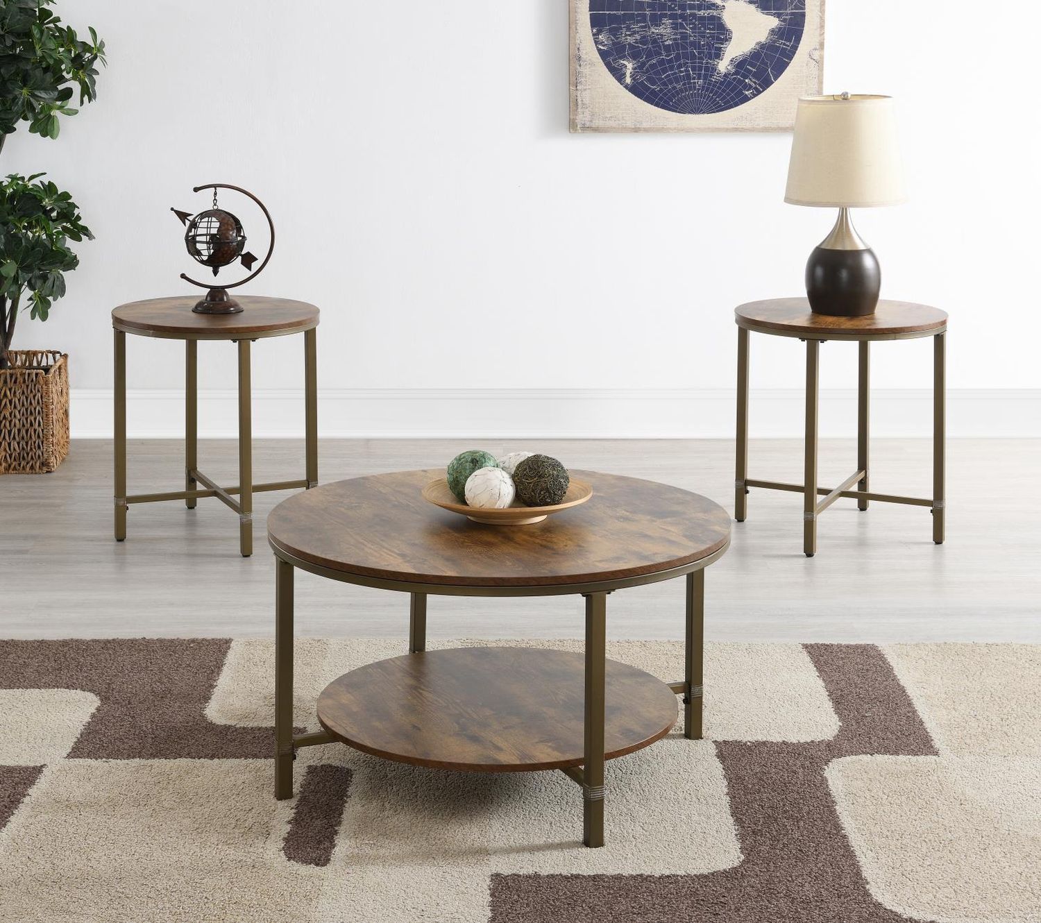 T330 - Round Coffee Table &amp; 2 End Tables - Dark Brown