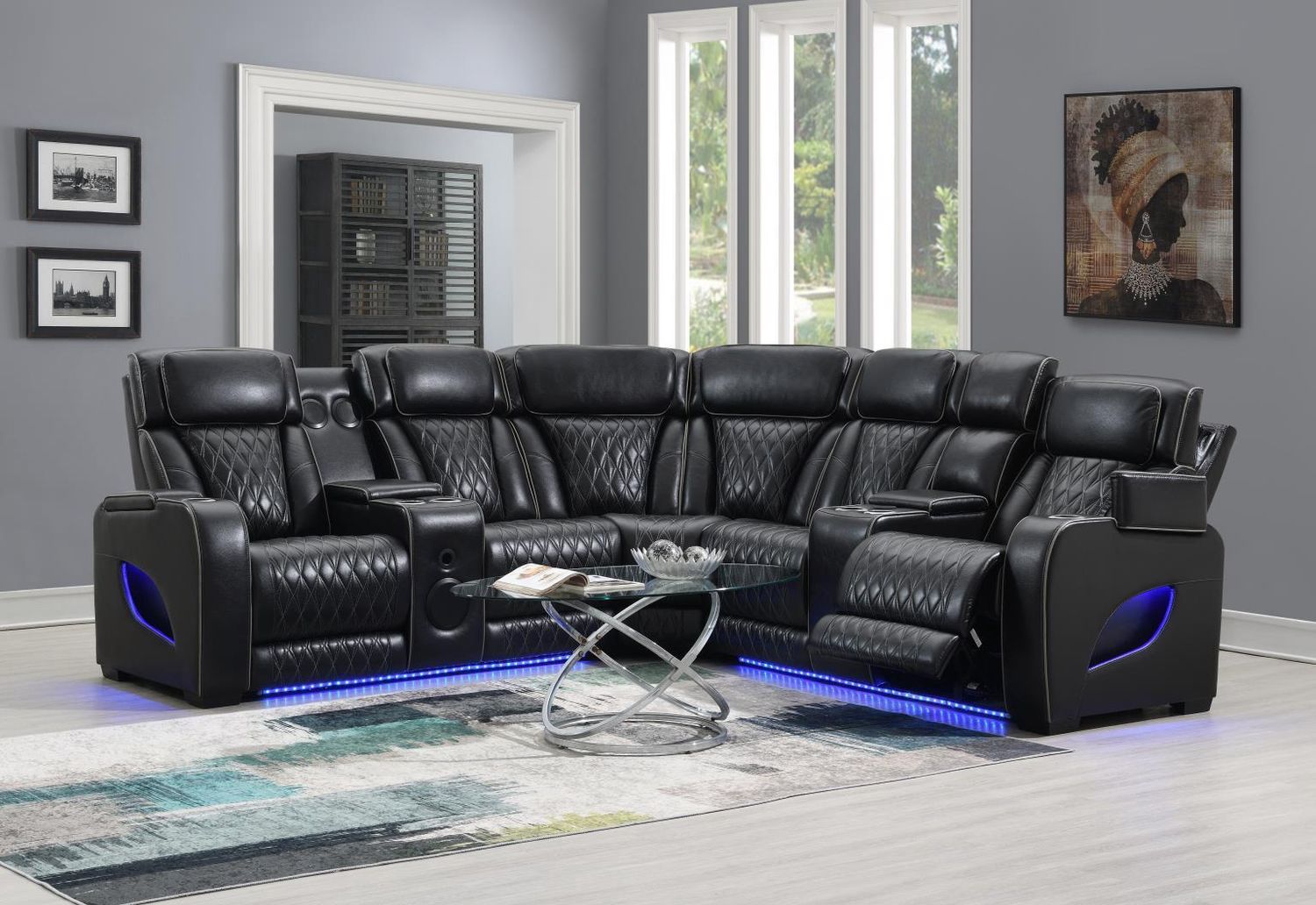 U10 - 3 Piece Power LED Sectional, Power Headrest, Heat, Massage Wireless Charger, And USB - Black
