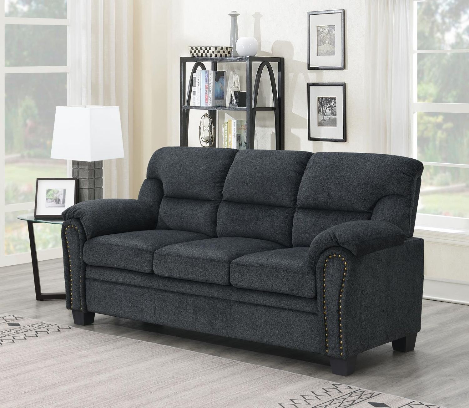 U453 - Chenille Sofa With Nailhead - Charcoal Chenille