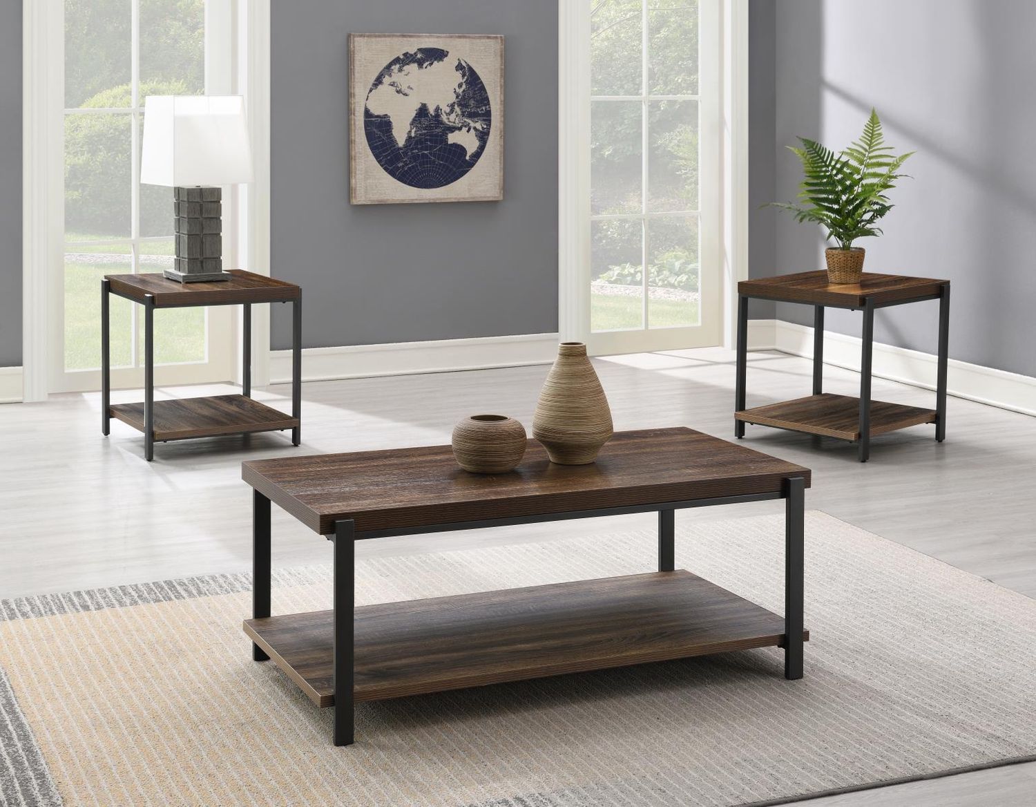T174 - Coffee Table &amp; 2 End Tables - Warm Brown / Gray