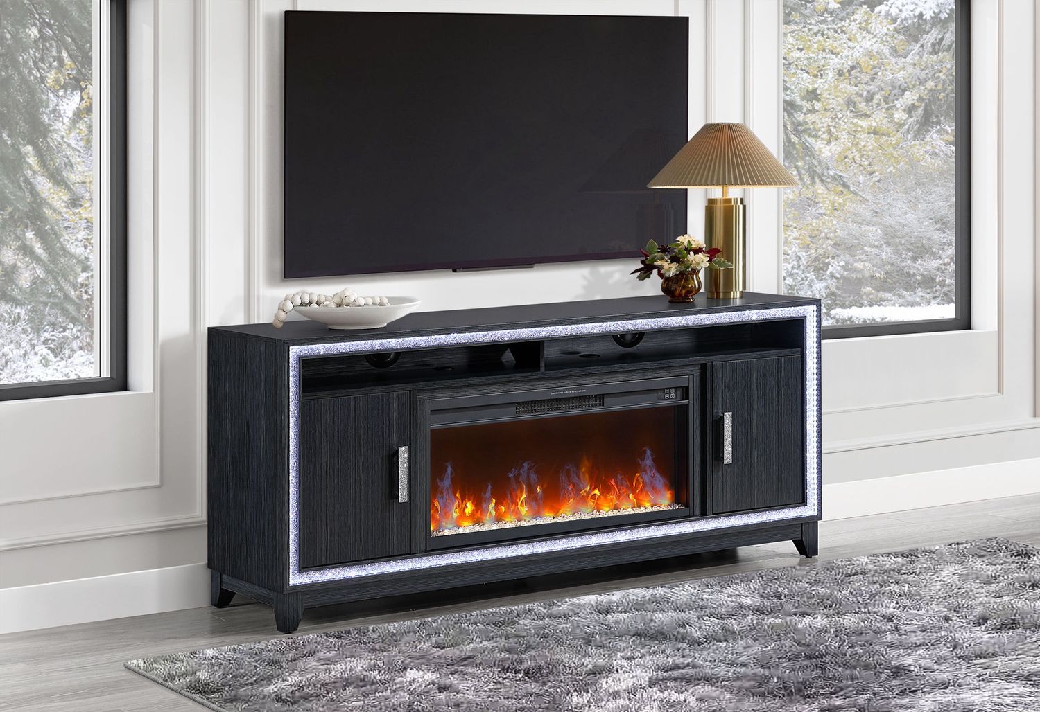 Lily - 72" Entertainment Unit With LED, Speakers, Crystal Inserts - Dark Gray
