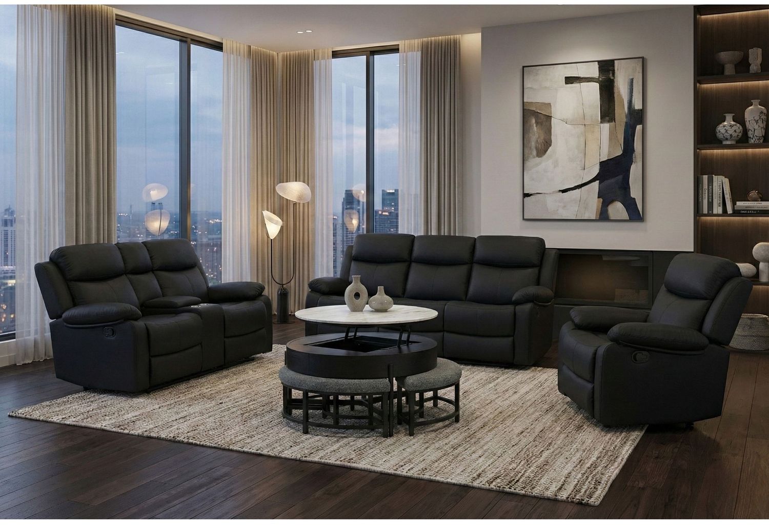 T42 - 4 Piece Living Room Set (Coffee Table With 3 Stools) - Black / Dark Gray