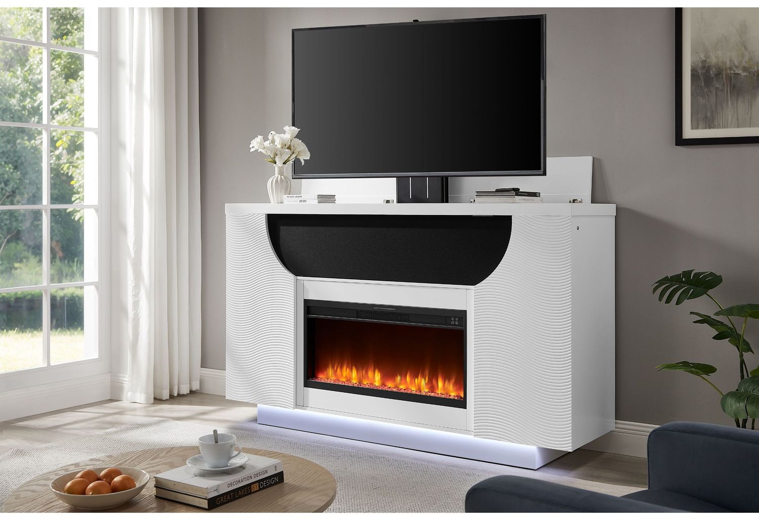 Aveena - 76" Entertainment Unit With TV, LED, Speakers, Crystal Inserts And Pop Up Center Doors - White
