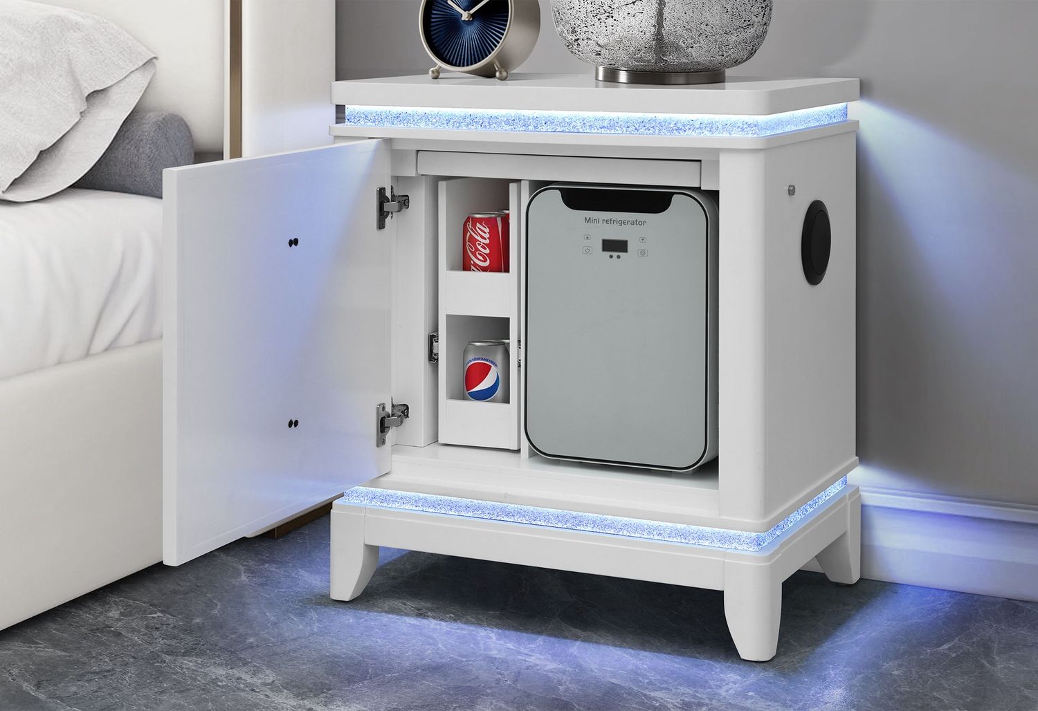 Alina - Nightstand With Cooler, LED, Speaker And USB - White