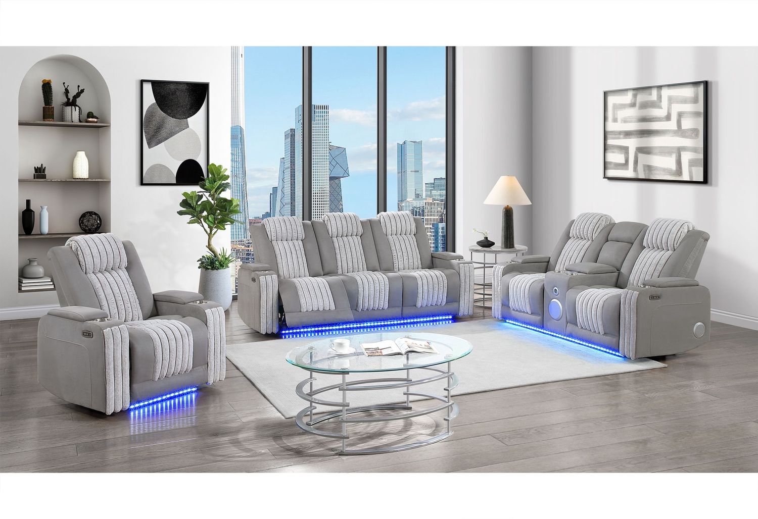 U8000 - 3 Piece Living Room Set (Power Console Reclining Loveseat With Power Headrest LED &amp; Bluetooth Speaker, Power Reclining Sofa With Power Headrest DDT, Table Reading Light &amp; LED/ Power Recliner W