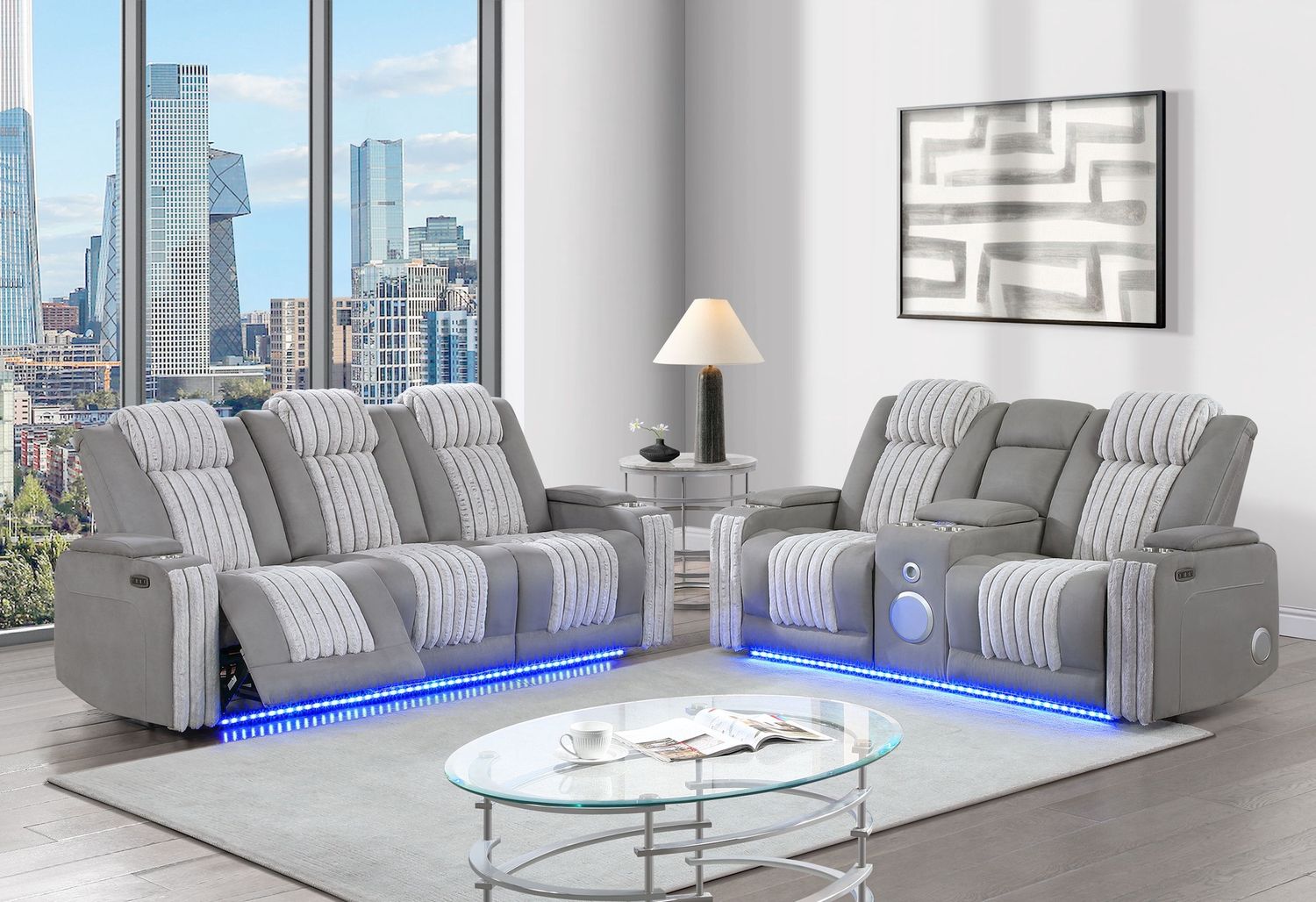 U8000 - 2 Piece Living Room Set (Power Console Reclining Loveseat With Power Headrest LED &amp; Bluetooth Speaker, Power Reclining Sofa With Headrest DDT Table Reading Light &amp; LED) - Gray