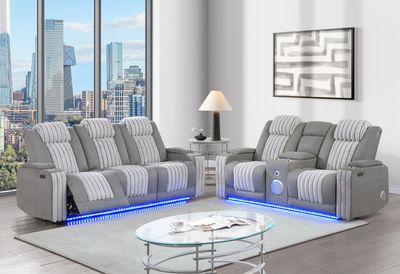 U8000 - 2 Piece Living Room Set (Power Console Reclining Loveseat With Power Headrest LED &amp; Bluetooth Speaker, Power Reclining Sofa With Headrest DDT Table Reading Light &amp; LED) - Gray