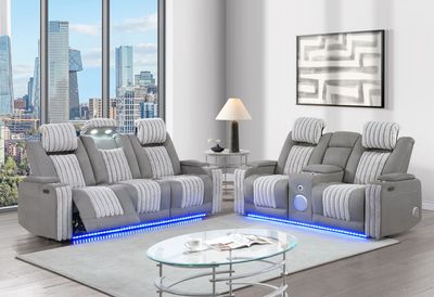 U8000 - 2 Piece Living Room Set (Power Console Reclining Loveseat With Power Headrest LED &amp; Bluetooth Speaker, Power Reclining Sofa With Headrest DDT Table Reading Light &amp; LED) - Gray