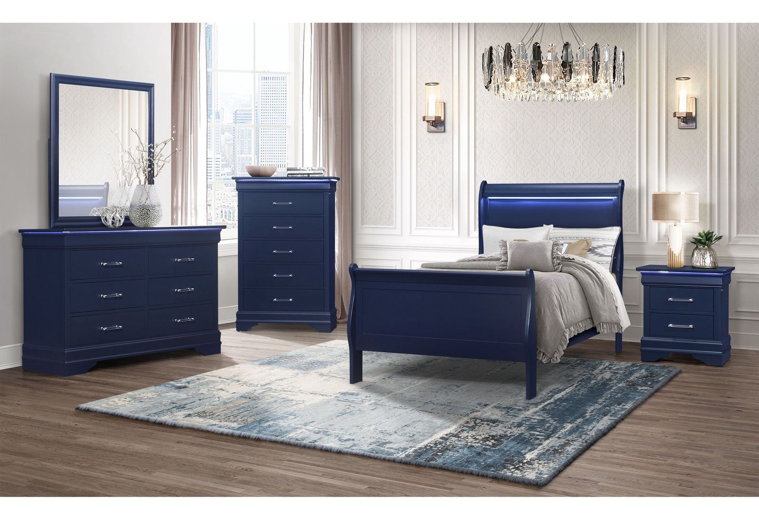 Charlie - 4 Piece Twin Bedroom Set (Twin Bed, Dresser, Mirror, &amp; Nightstand) - Blue