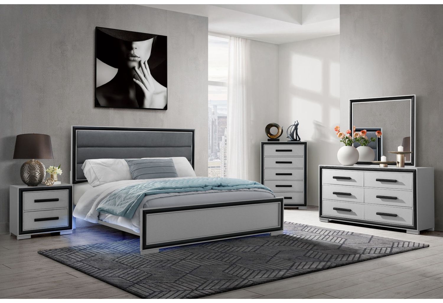 Amelia - 5 Piece Queen Bedroom Set (Queen Bed Group With LED, Cooler And Speaker) - Black / Gray