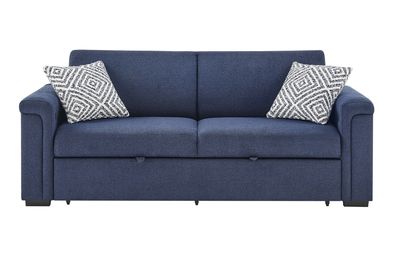 U0211 - Pull Out Sofa Bed With Wooden Bookcase Arm With LED Acrylic Shelves And Speakers - Navy