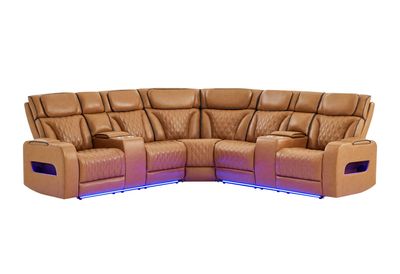 U8611 - Sectional With Power Headrest, Continuous LED And Speaker - Brown