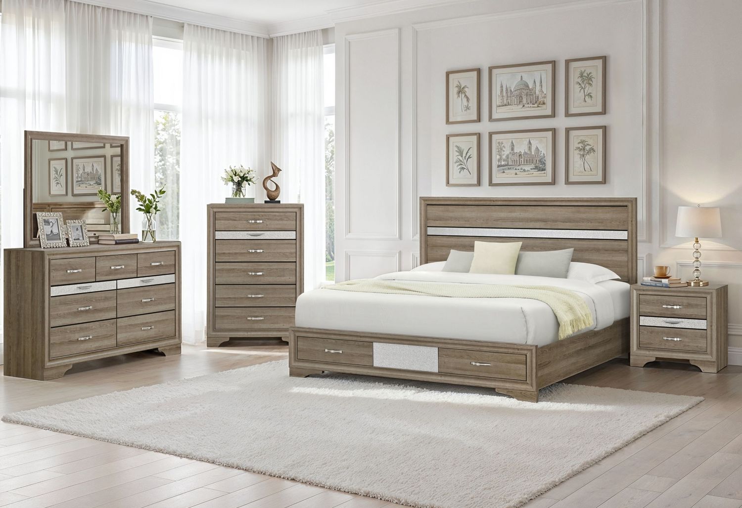 Seville - 5 Piece King Bedroom Set (Bed, Dresser &amp; Mirror, Nightstand, Chest) - Brown / Natural