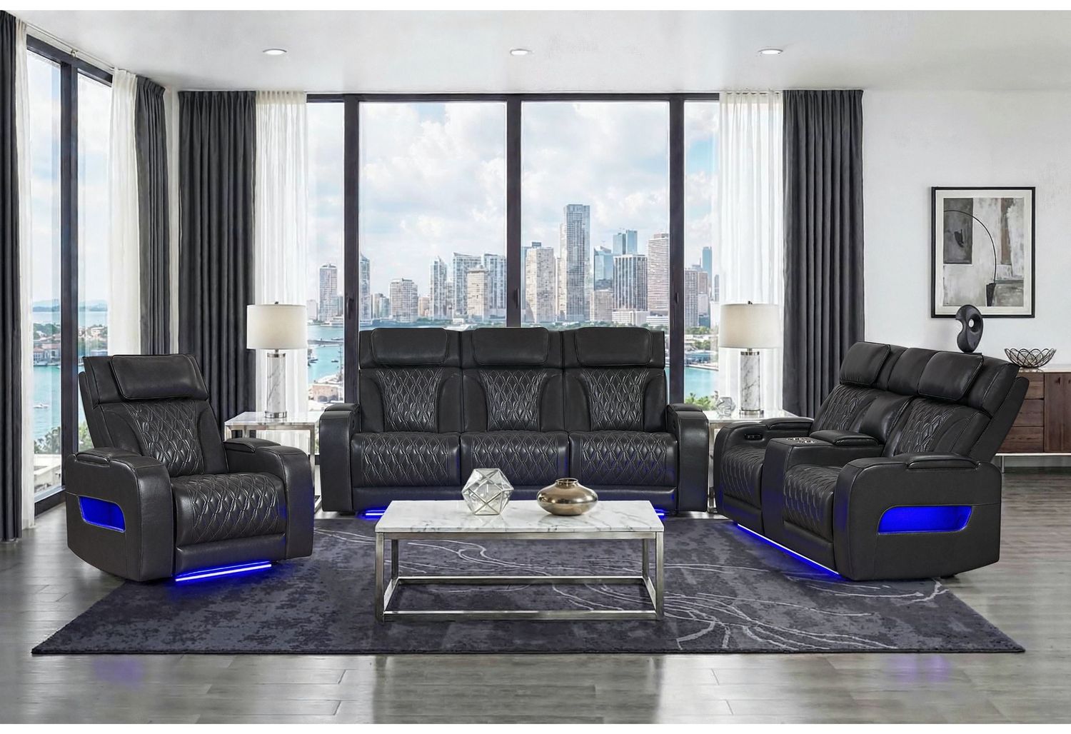 U8611 - Power Reclining Sofa With Power Headrest And LED / Power Console Reclining Loveseat With Power Headrest, LED And Speaker / Power Recliner With Power Headrest And LED - Charcoal