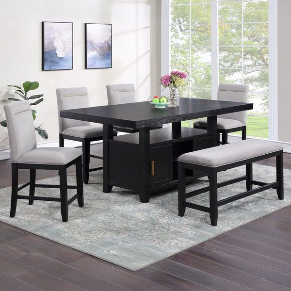 Yves - 6 Piece Dining Set - Black - Black / 6 Pc. Table, 4 Chairs, Bench