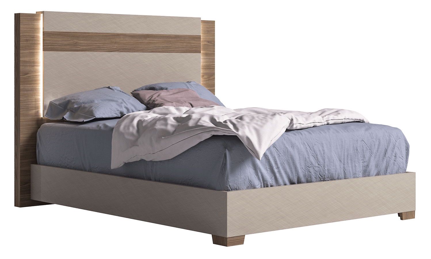 Nora - Queen Size Bed With Light - Light Beige / Light Brown