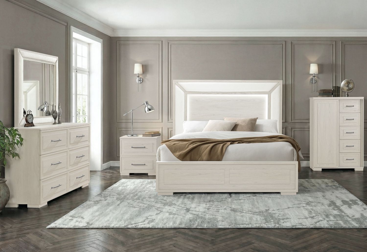 Clara - 5 Piece Full Bedroom Set (Bed, Dresser &amp; Mirror, Nightstand, Chest) - Beige