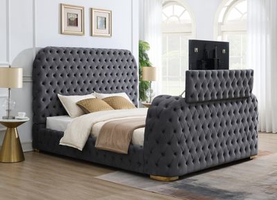 B541 - Velvet Bed With Fireplace, TV Mount &amp; Bluetooth Speaker &amp; USB