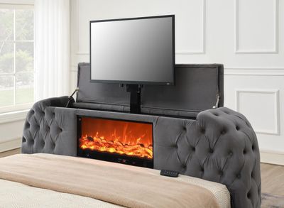 B541 - Velvet Bed With Fireplace, TV Mount &amp; Bluetooth Speaker &amp; USB