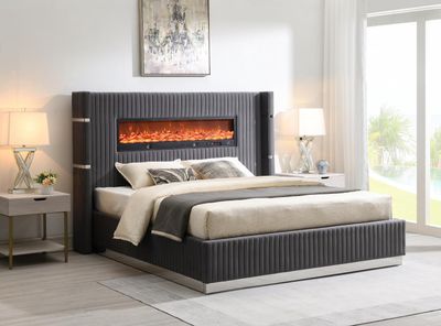 B544 - Velvet Bed With Fireplace &amp; Bluetooth Speaker &amp; USB