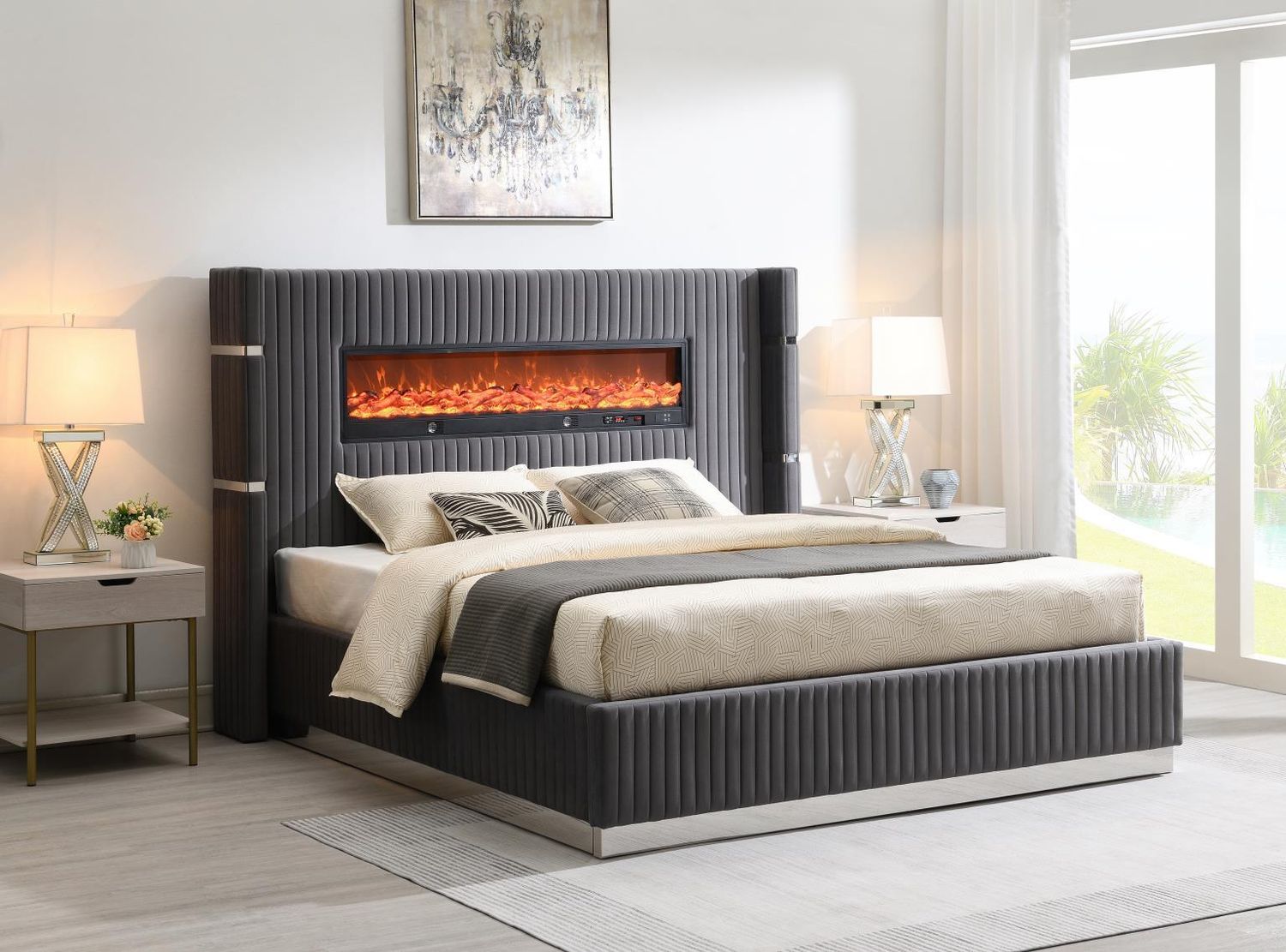 B544 - Velvet Bed With Fireplace &amp; Bluetooth Speaker &amp; USB, Size: Queen