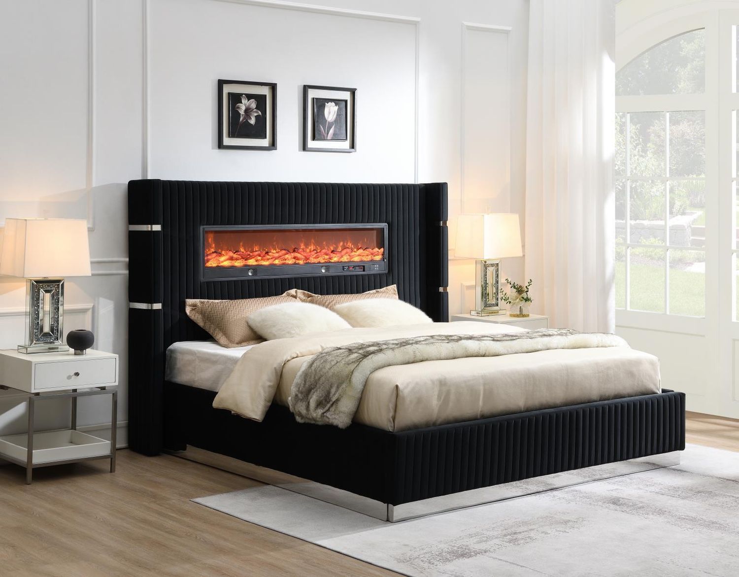 B543 - Velvet Bed With Fireplace &amp; Bluetooth Speaker &amp; USB, Size: Queen