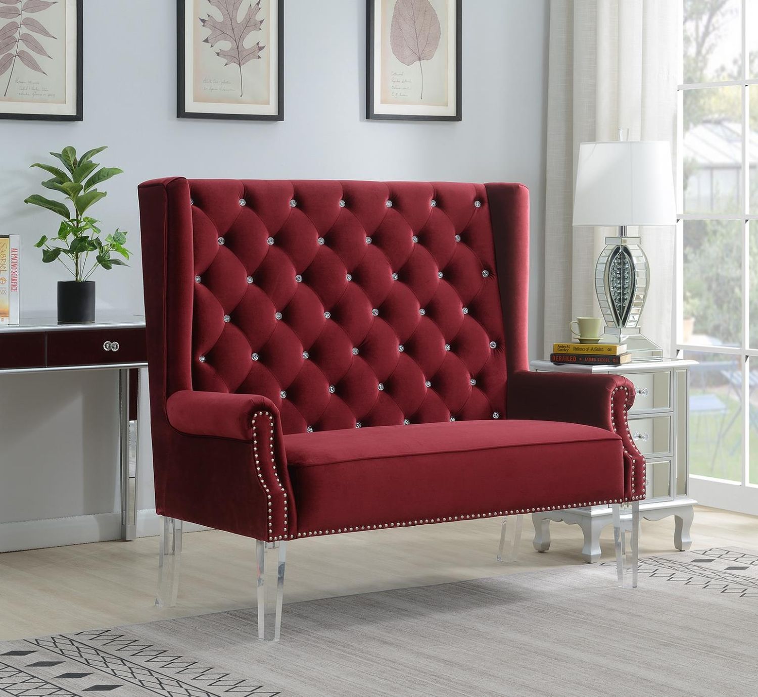 D2095 - High Back Velvet Wing Bench With Acrylic Legs, Color: Red
