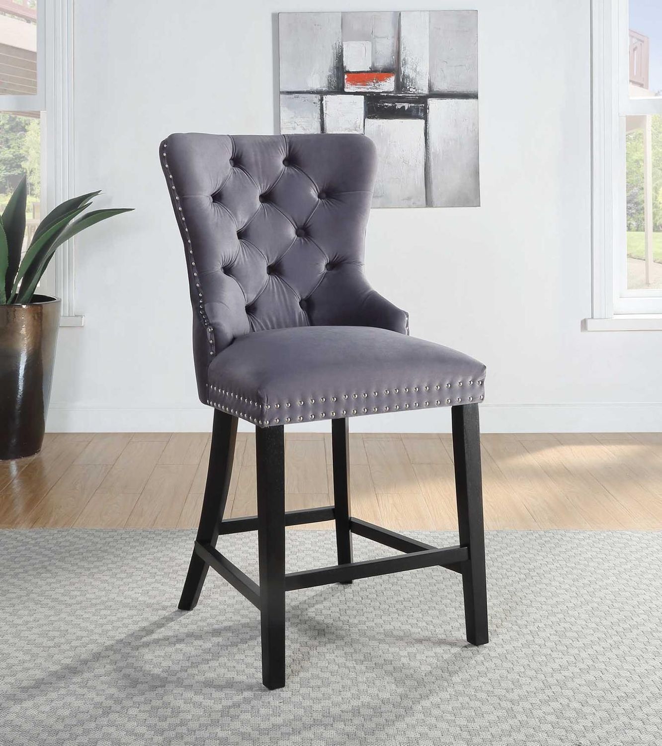 D2081 - Velvet Counter Chair (Set of 2), Color: Gray