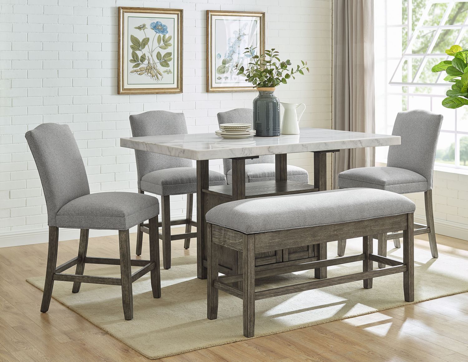 Grayson - Counter Height Set With White Top Table, Sets: 6 Pc. Table, 4 Chairs, Bench