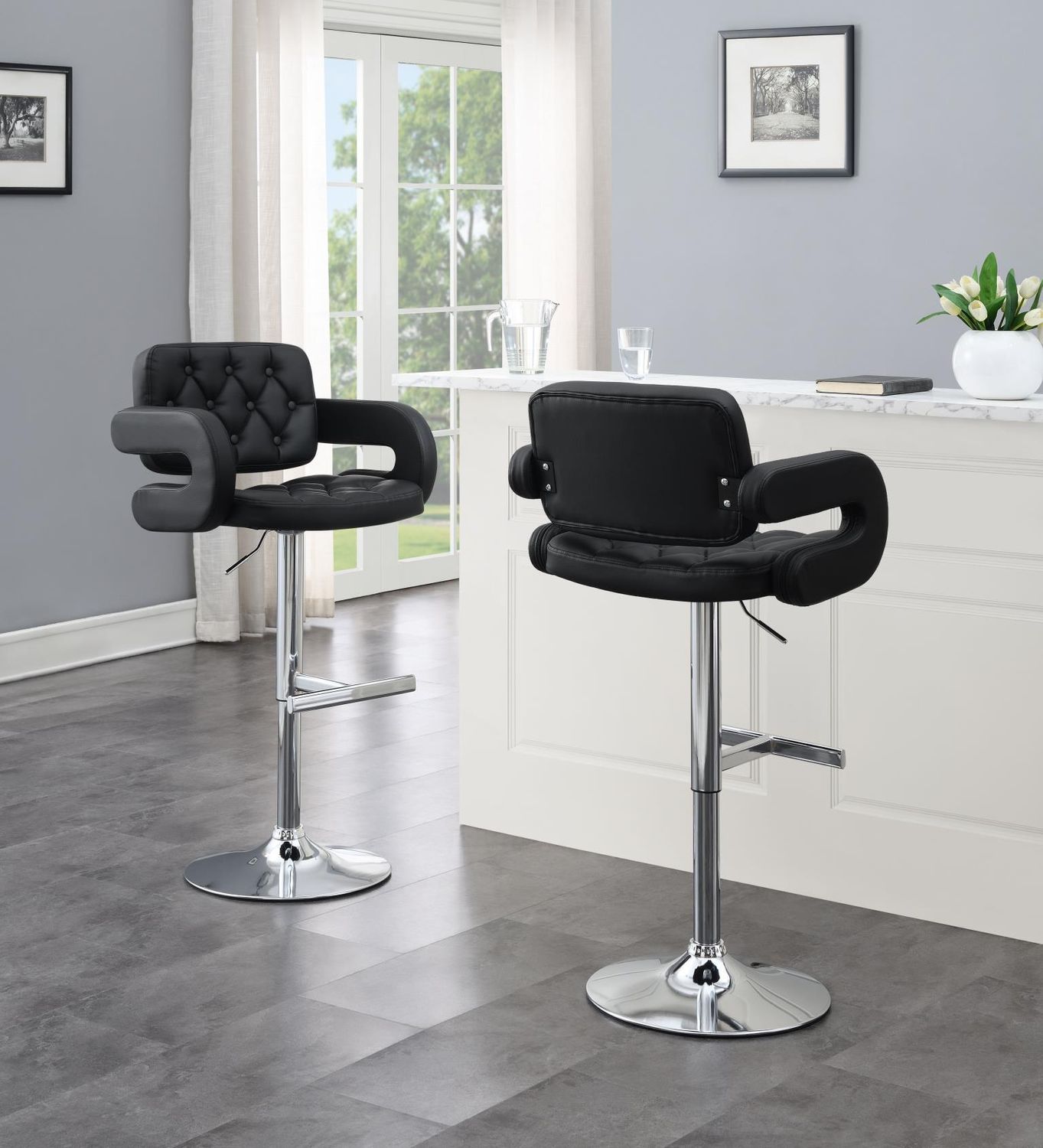 ST120 - Faux Leather Bar Stool (Set of 2), Color: Black