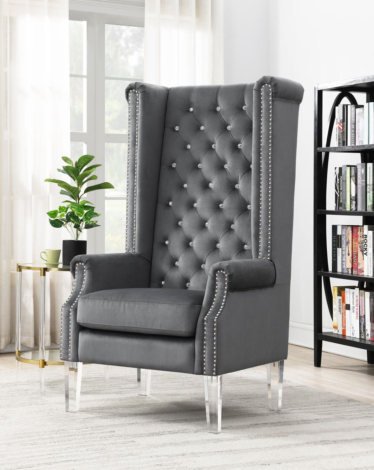 D2090 - High Back Velvet Wing Chair With Acrylic Legs, Color: Gray